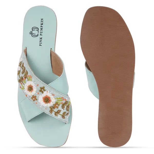 Pista_Green_Fabric_Floral_Hand_Embroidered_Flat_Sandals_For_Women