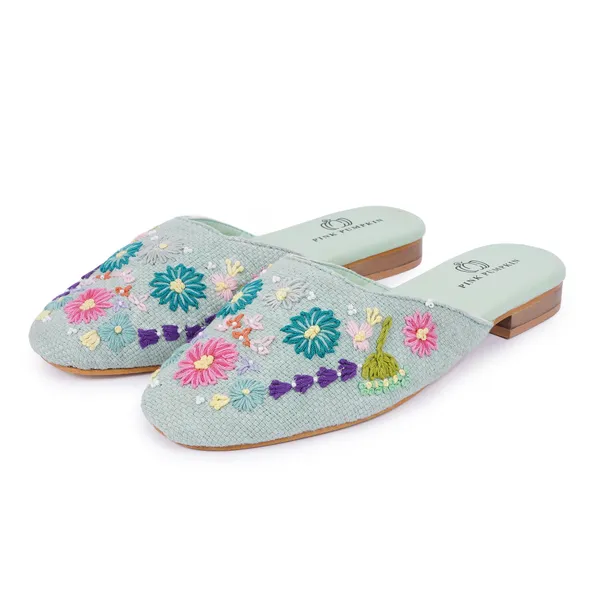 Pista_Green_Fabric_Floral_Hand_Embroidered_Flat_Mules_For_Women
