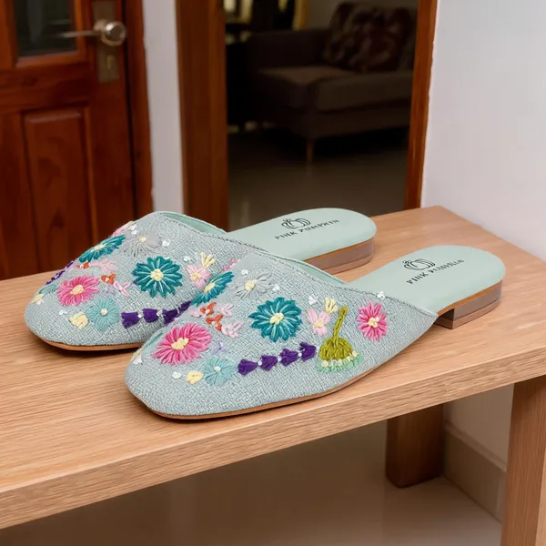 Pista_Green_Fabric_Floral_Hand_Embroidered_Flat_Mules_For_Women