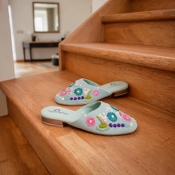 Pista_Green_Fabric_Floral_Hand_Embroidered_Flat_Mules_For_Women