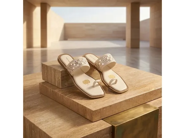Cream_Fabric_Mirror_Work_Flat_Sandals_For_Women