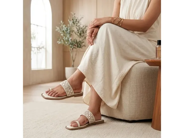 Cream_Fabric_Mirror_Work_Flat_Sandals_For_Women