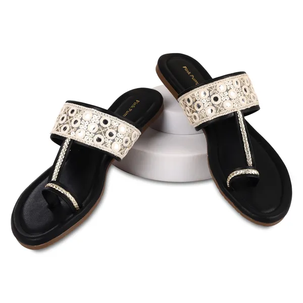 Black_Fabric_Floral_Embellished_Flat_Sandals_For_Women