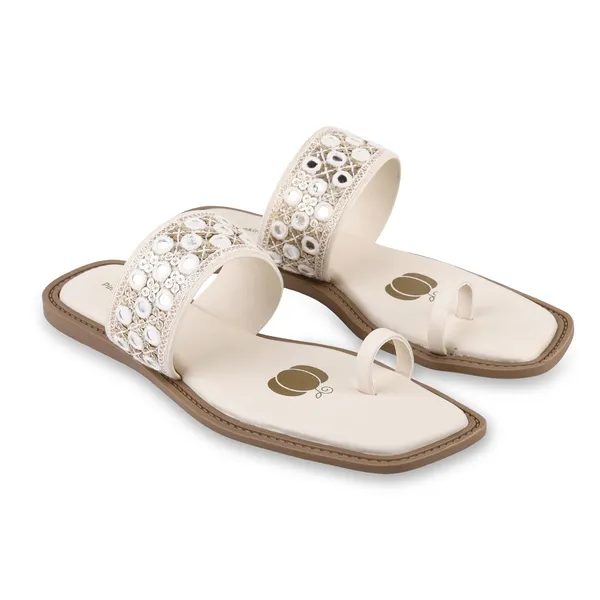 Cream_Fabric_Mirror_Work_Flat_Sandals_For_Women