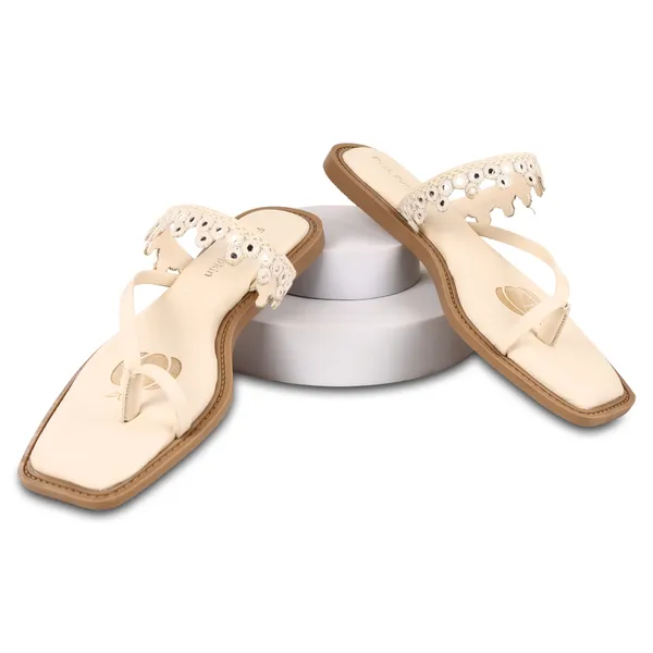 Cream_Fabric_Floral_Embellished_Flat_Sandals_For_Women