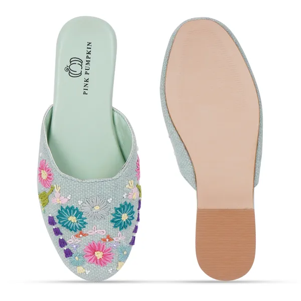 Pista_Green_Fabric_Floral_Hand_Embroidered_Flat_Mules_For_Women