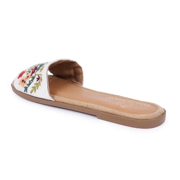 White_Fabric_Floral_Embroidered_Flat_Slide_Sandals_For_Women