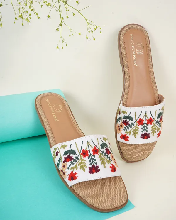 White_Fabric_Floral_Embroidered_Flat_Slide_Sandals_For_Women