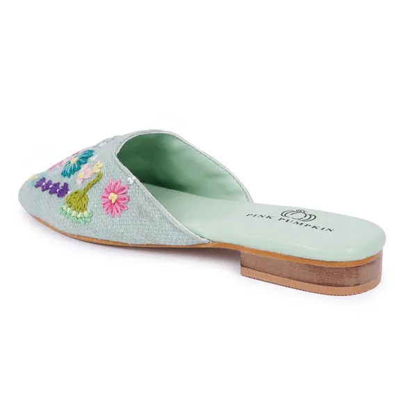 Pista_Green_Fabric_Floral_Hand_Embroidered_Flat_Mules_For_Women