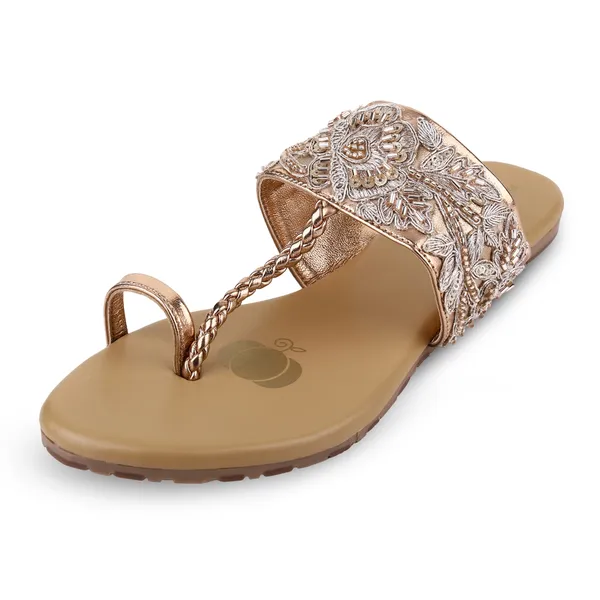 Tan_Fabric_Paisley_Embellished_Flat_Sandals_For_Women