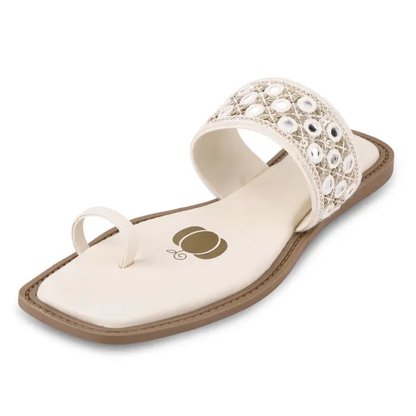 Cream_Fabric_Mirror_Work_Flat_Sandals_For_Women