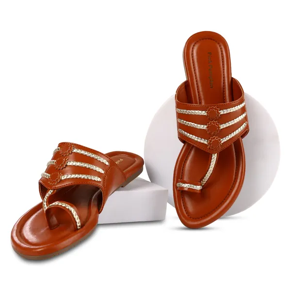 Brown_Pu_Embellished_Flat_Sandals_For_Women