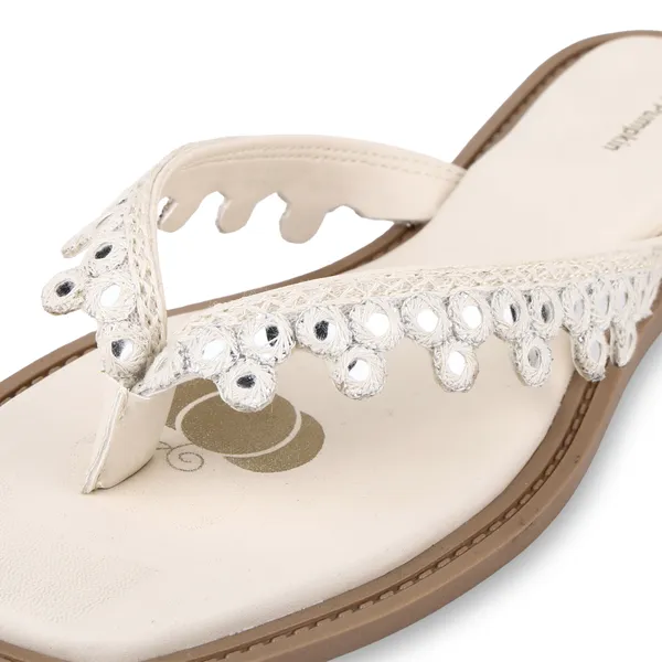 Cream_Fabric_Mirror_Work_Flat_Sandals_For_Women