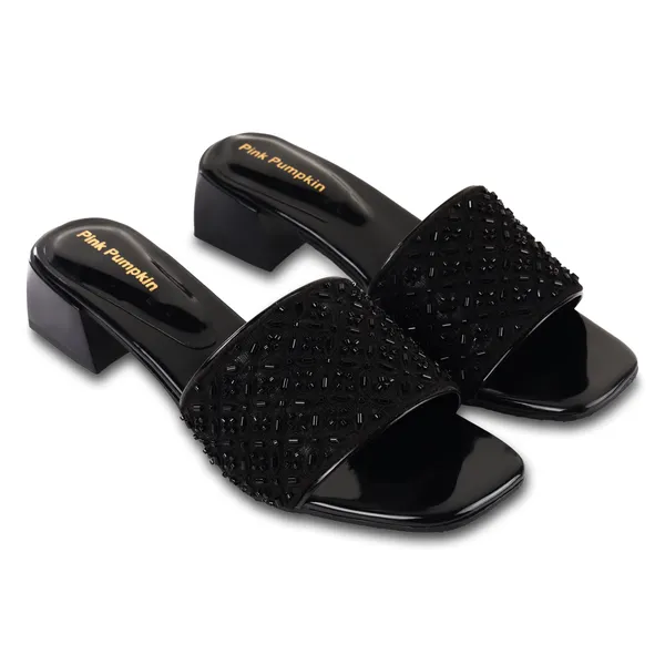 Black_Fabric_Bead_Embellished_Flat_Slide_Sandals_For_Women
