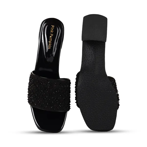 Black_Fabric_Bead_Embellished_Flat_Slide_Sandals_For_Women