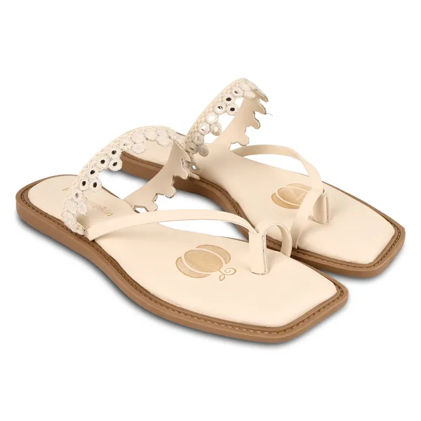 Cream_Fabric_Floral_Embellished_Flat_Sandals_For_Women