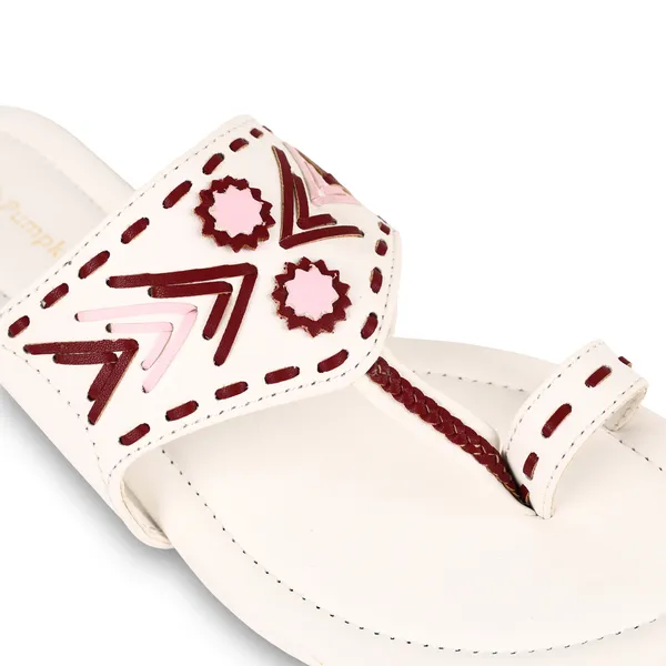White_Fabric_Embellished_Flat_Sandals_For_Women