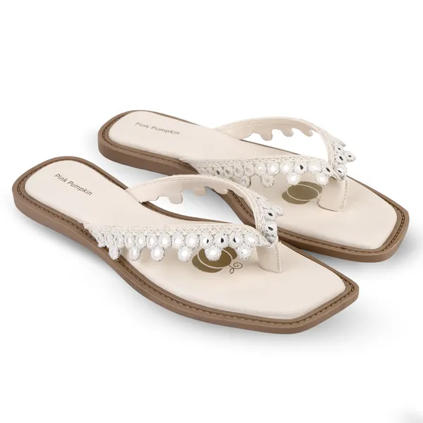 Cream_Fabric_Lace_Embellished_Flat_Sandals_For_Women