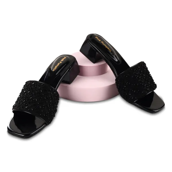 Black_Fabric_Bead_Embellished_Flat_Slide_Sandals_For_Women