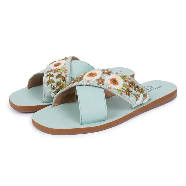 Pista_Green_Fabric_Floral_Hand_Embroidered_Flat_Sandals_For_Women