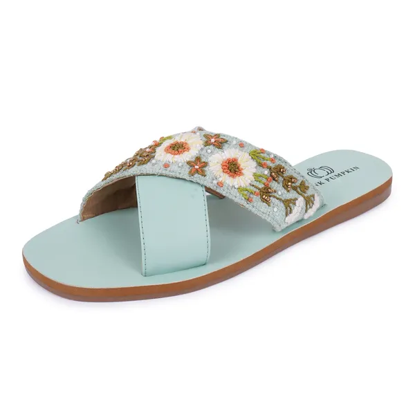 Pista_Green_Fabric_Floral_Hand_Embroidered_Flat_Sandals_For_Women