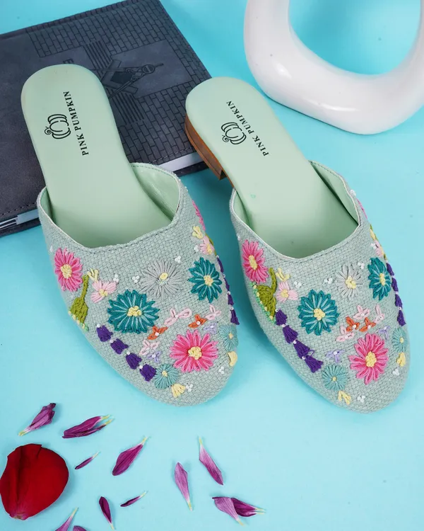 Pista_Green_Fabric_Floral_Hand_Embroidered_Flat_Mules_For_Women