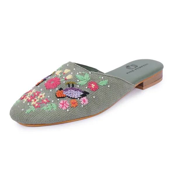 Green_Fabric_Floral_Hand_Embroidered_Slip-On_Mules_For_Women