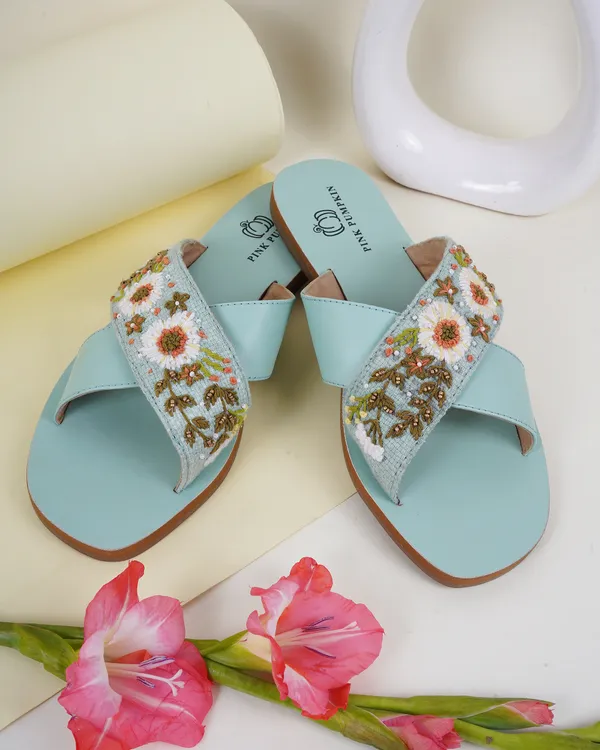 Pista_Green_Fabric_Floral_Hand_Embroidered_Flat_Sandals_For_Women