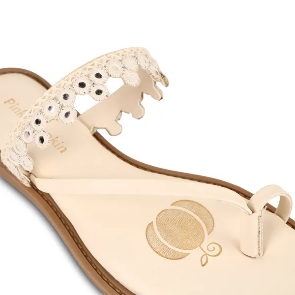 Cream_Fabric_Floral_Embellished_Flat_Sandals_For_Women