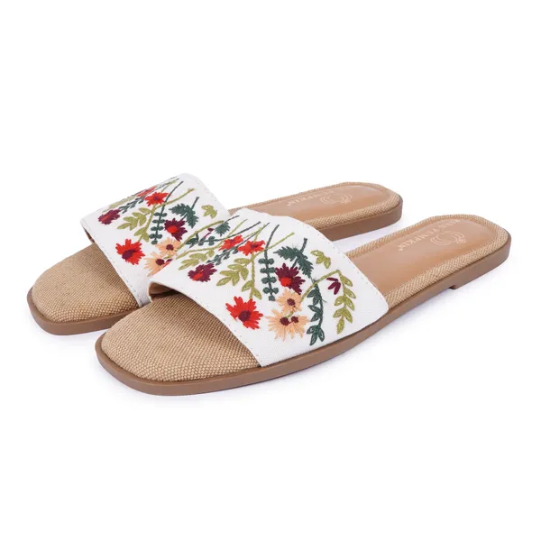 White_Fabric_Floral_Embroidered_Flat_Slide_Sandals_For_Women