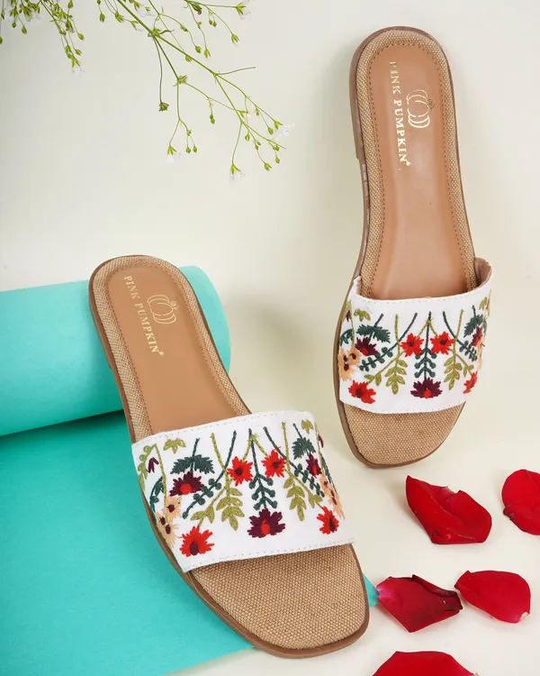 White_Fabric_Floral_Embroidered_Flat_Slide_Sandals_For_Women