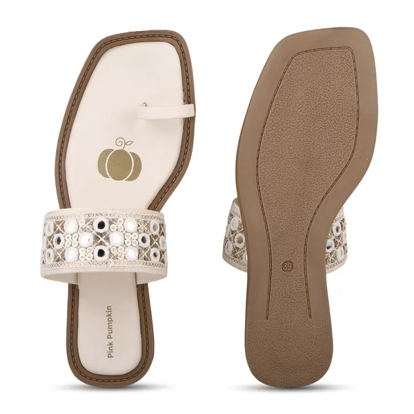 Cream_Fabric_Mirror_Work_Flat_Sandals_For_Women