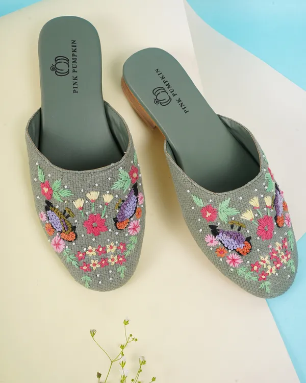 Green_Fabric_Floral_Hand_Embroidered_Slip-On_Mules_For_Women