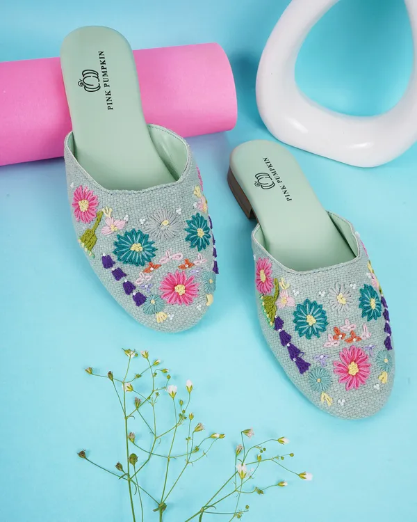 Pista_Green_Fabric_Floral_Hand_Embroidered_Flat_Mules_For_Women