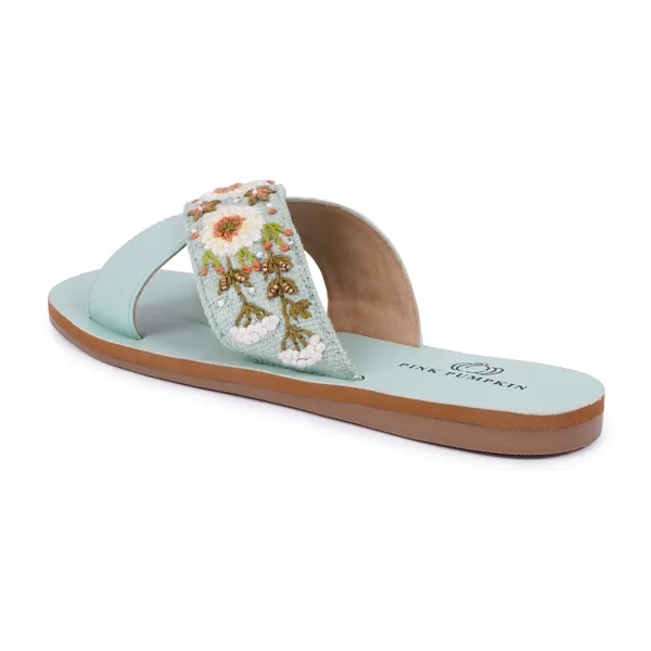 Pista_Green_Fabric_Floral_Hand_Embroidered_Flat_Sandals_For_Women