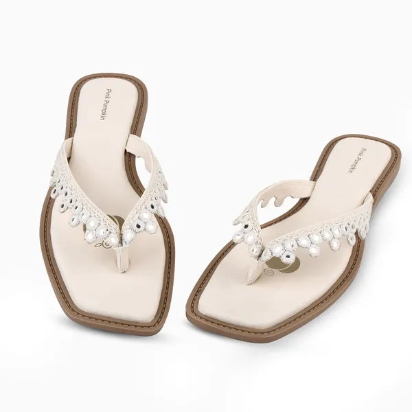 Cream_Fabric_Lace_Embellished_Flat_Sandals_For_Women