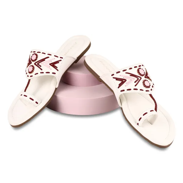 White_Fabric_Embellished_Flat_Sandals_For_Women