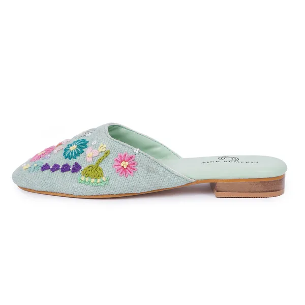 Pista_Green_Fabric_Floral_Hand_Embroidered_Flat_Mules_For_Women