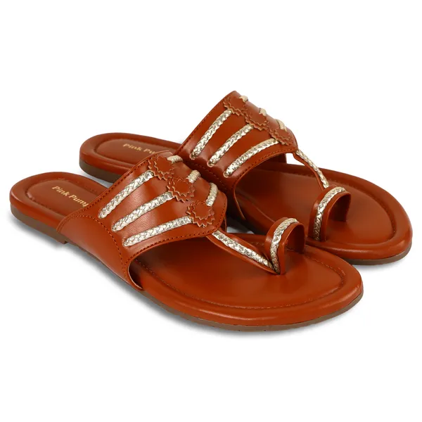 Brown_Pu_Embellished_Flat_Sandals_For_Women