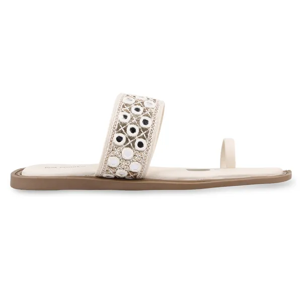 Cream_Fabric_Mirror_Work_Flat_Sandals_For_Women