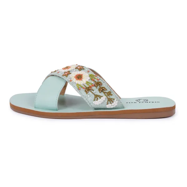 Pista_Green_Fabric_Floral_Hand_Embroidered_Flat_Sandals_For_Women