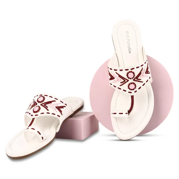 White_Fabric_Embellished_Flat_Sandals_For_Women