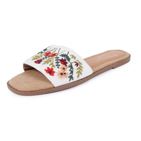 White_Fabric_Floral_Embroidered_Flat_Slide_Sandals_For_Women