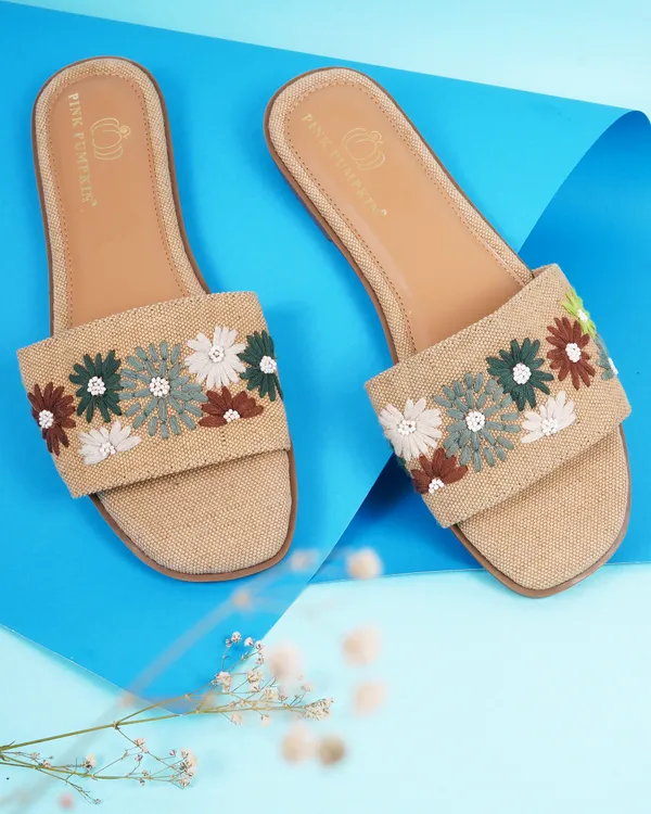Beige_Jute_Floral_Embroidered_Flat_Slide_Sandals_For_Women
