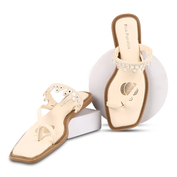 Cream_Fabric_Floral_Embellished_Flat_Sandals_For_Women