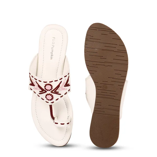 White_Fabric_Embellished_Flat_Sandals_For_Women
