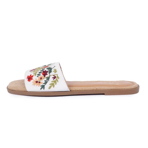 White_Fabric_Floral_Embroidered_Flat_Slide_Sandals_For_Women
