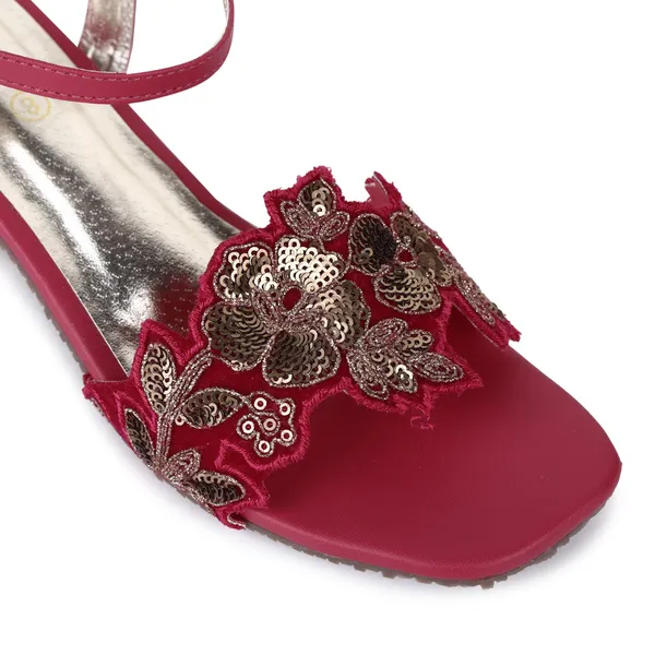 Burgundy_Fabric_Embroidered_Flat_Sandals_For_Women