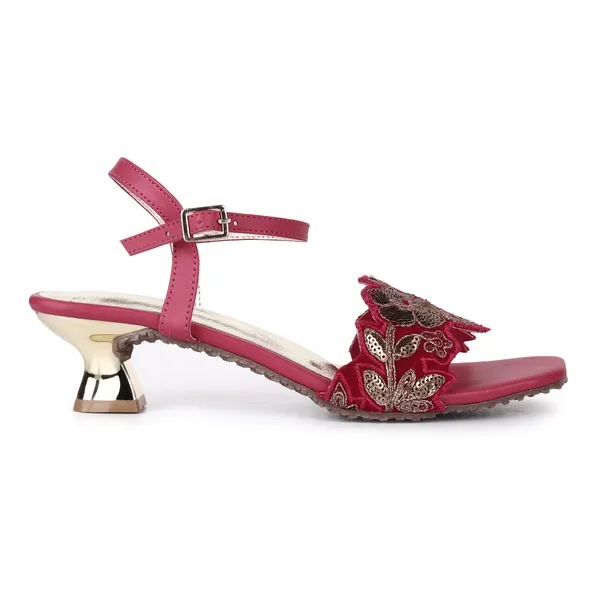 Burgundy_Fabric_Embroidered_Flat_Sandals_For_Women
