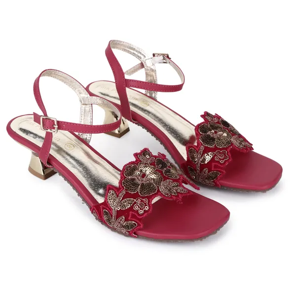 Burgundy_Fabric_Embroidered_Flat_Sandals_For_Women